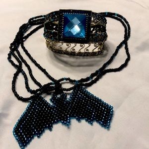 Jewelry set / hand made beaded bat necklace and bangle bracelet